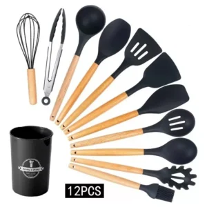 Kit 12 utensílios de cozinha silicone cabo madeira escumadeira cor preto