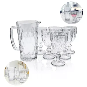 Kit Jogo 6 Taça + 1 Jarra 1l Vidro Grosso Textura Diamante